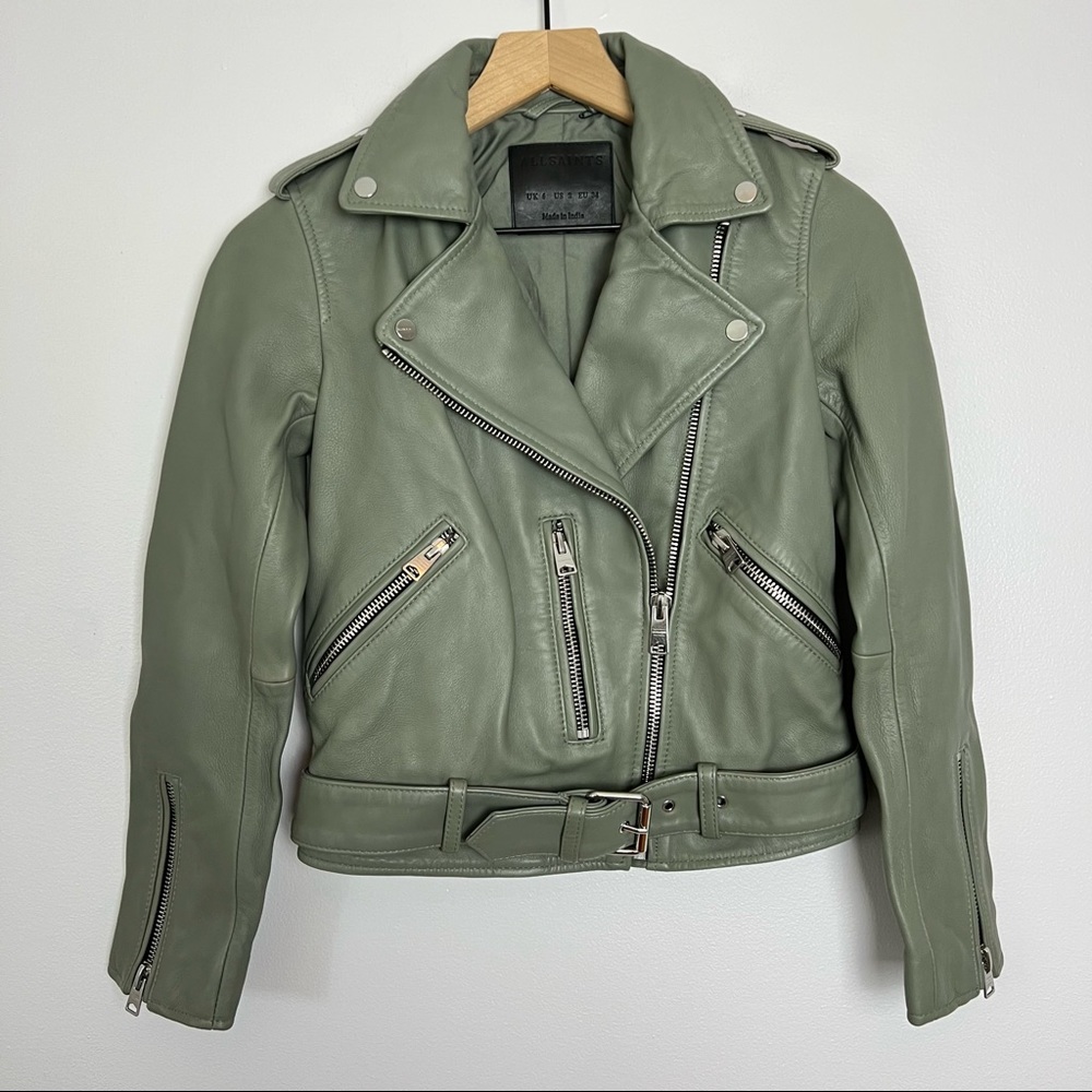 NEW ALL SAINTS Balfern Leather Biker Jacket In Sage Green, Size 2 - Picture 5 of 16